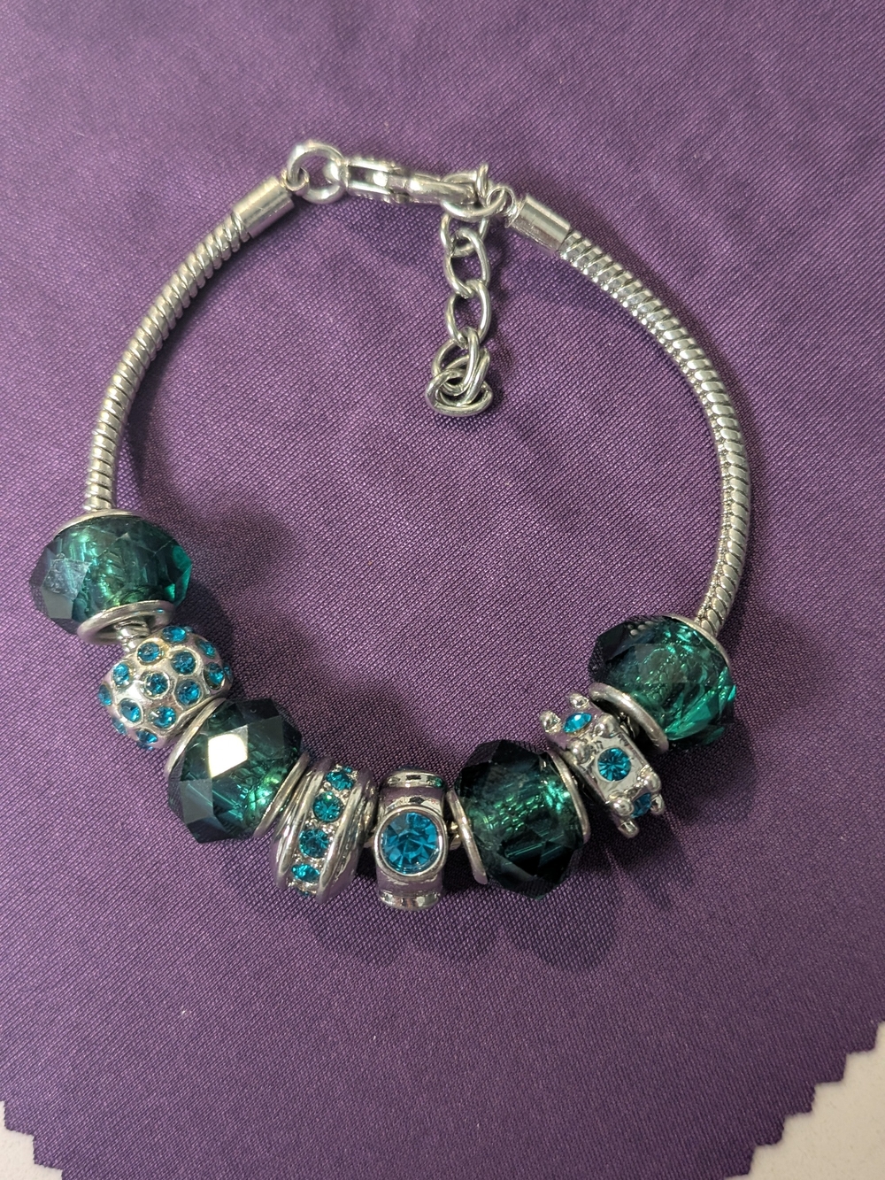 Silver Bracelet with Green Crystal Beads and Charm Accents - Women Jewelry